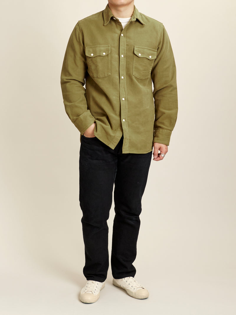 Moleskin Pearl Snap Shirt in Olive